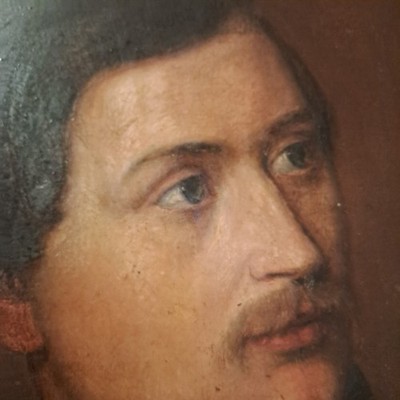 Biedermeier Portrait junger Mann mit Schnurbart Öl auf Holz um 1840 Prunkrahmen