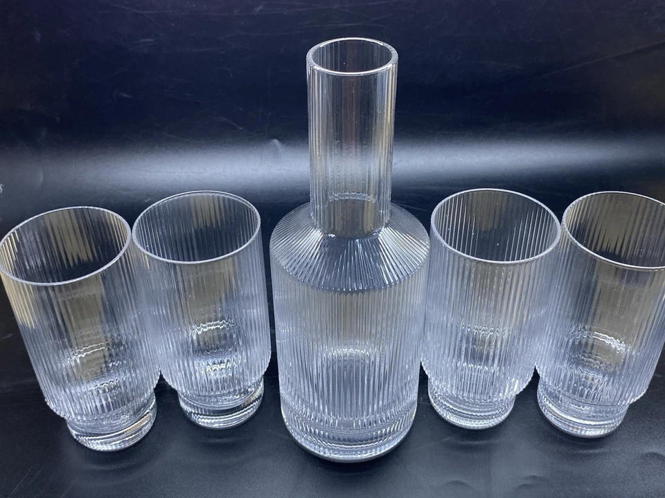 Highball Drinking Set Glasses Vintage Art Deco Ribbed Crystal Decanter Wine Bar - Image 4 of 4
