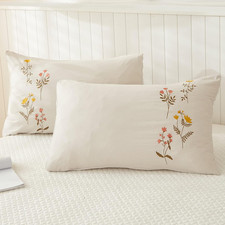 Cream Pillowcases, Embroidered Flower Pillow Cases Set of 2, 100 Washed Microfi