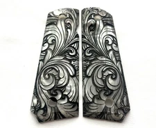 1911 Full Size Grips Engraved Classic Floral Scroll - Black / White