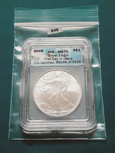 2005 ICG MS70 First Day Of Issue $1 .999 Fine silver American Silver Eagle! S48