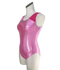 Satara VTG Princess Pink Holographic Tank Leotard Wide Velvet Straps Size AL