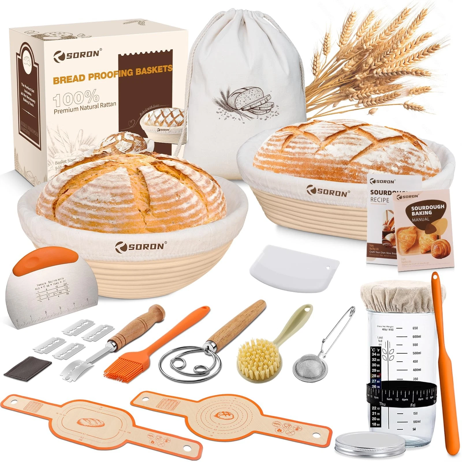 Sourdough Starter Kit, Banneton Bread Proofing Basket with Glass Sour Dough S...