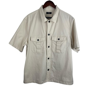 Theory Size XL Beige Twill Button Short Sleeve Shirt Preppy Casual Elevated