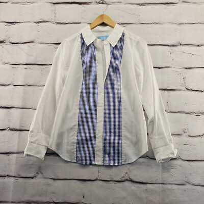 DRAPER JAMES Top Womens 2 Button Down Gingham Plaid Long Sleeve White Blue