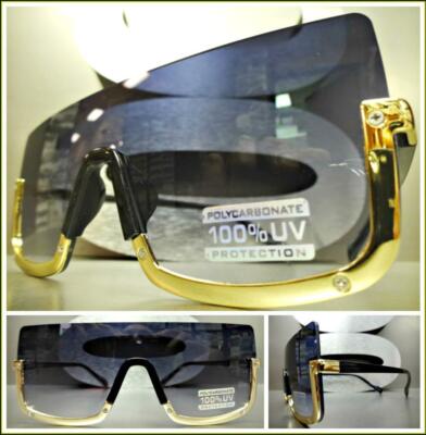 Classy Elegant RETRO Modern SHIELD Style SUNGLASSES Gold & Black Frame Flat Lens