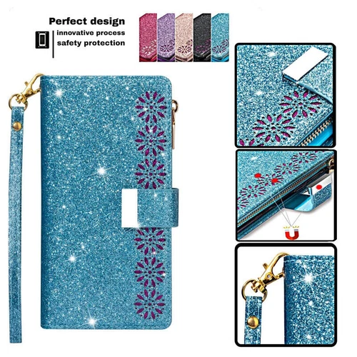 Leder Für Samsung S25 S24 S23 Ultra A54 A16 A55 Glitzer Handy Tasche Flip Hülle - Bild 4 von 22