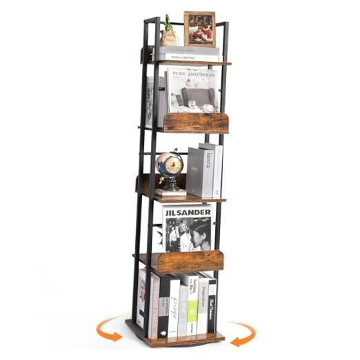 5-Tier Rotating Bookshelf Tower for Small Spaces, Black Frame