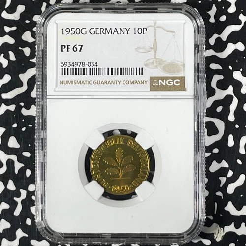 1950-G West Germany 10 Pfennig NGC PR67 Lot#G9938 Proof! 1,800 Minted