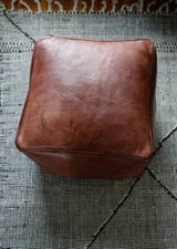 Square Ottoman Leather Pouf, Brown Leather Footstool Handcrafted Coffee Pouf