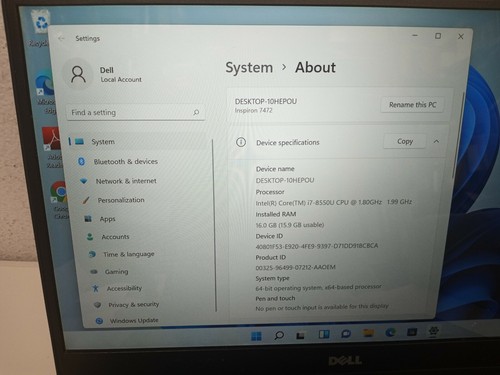 Dell Inspiron 7472 14" Intel Core i7-8550U 16GB SSD 512GB SSD NVIDIA MX150 Win11 - Afbeelding 4 van 12