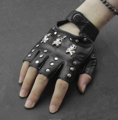 Women Stars Leather Gloves Punk Rock Wing Skull Fingerless Gloves With  Bracelet