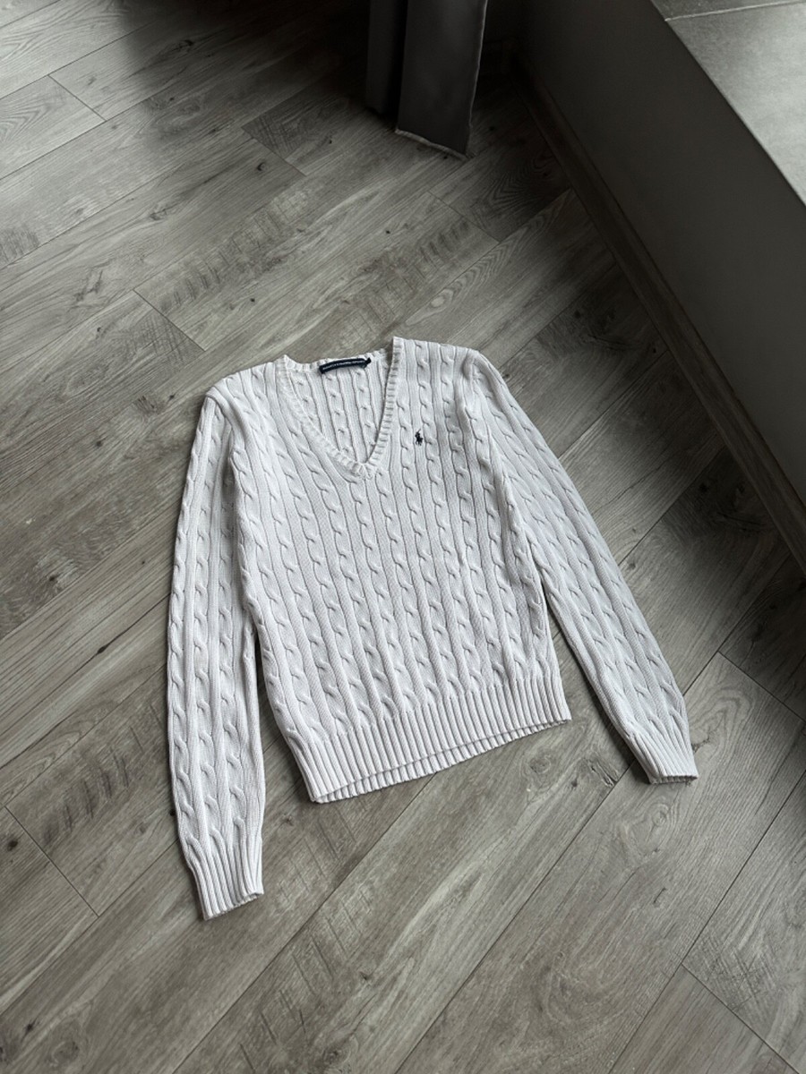 Knit Jumper Ralph Lauren White V Neck Sweater Vintage Polo Ralph