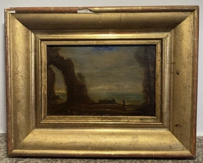 Paysage animé aux ruines personnages bord de mer romantique école française XIXe - Photo 1/4