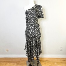 ASTR The Label Dress Floral One Shoulder Size Large Black Gold Midi Ruffle