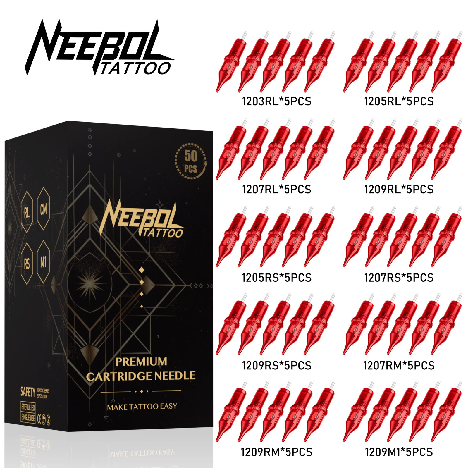 20/50Pcs Neebol Tattoo Cartridge Needles Mixed Size Assorted round Liner Shader 