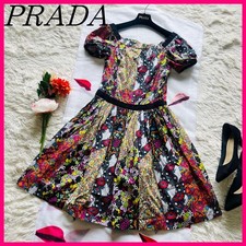 PRADA Dress Knee Length Flare Floral Print Cotton Size 36 S