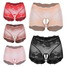 Women See Through Faux Pearl Band Panties Lace Trim Open Crotch Briefs Underwear