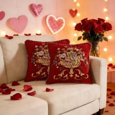 Set of 2 Valentine's Day Embroidered Red Vintage Throw Pillow Covers for Sofa...