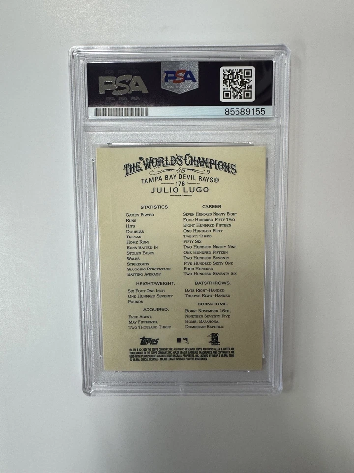 Julio Lugo 签名 亲笔签名 PSA 正品证书 Slabbed 2006 Topps Allen Ginter 坦帕湾光芒 — 第 2/2 张图片