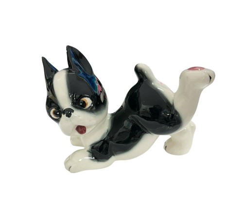 Vintage Porcelain Cross-eyed Boston Terrier Figurine holding up back Paw