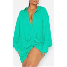 PrettyLittleThing Bright Green Textured Ruched Front Oversized Shirt Mini Dress