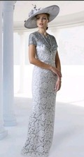 new £489 Dynasty grey silver lace beaded 20S deco evening Occasion long dress 10
