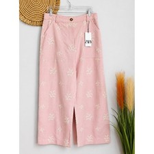 ZARA NEW Blush Pink Embroidred Floral High Rise Wide Leg Trouser Pants SZ Large