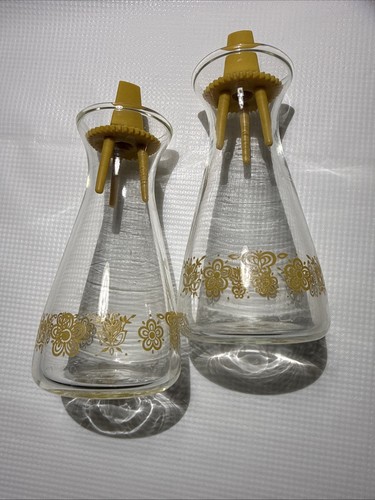 Vintage 1970's Pyrex Gold Butterfly Floral Glass Salt & Pepper Shakers MCM