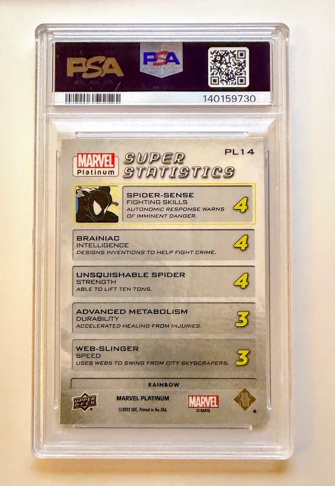 2023 Upper Deck Marvel Platinum Spider-Man Super Statistics PL14 Rainbow PSA 10 view 3