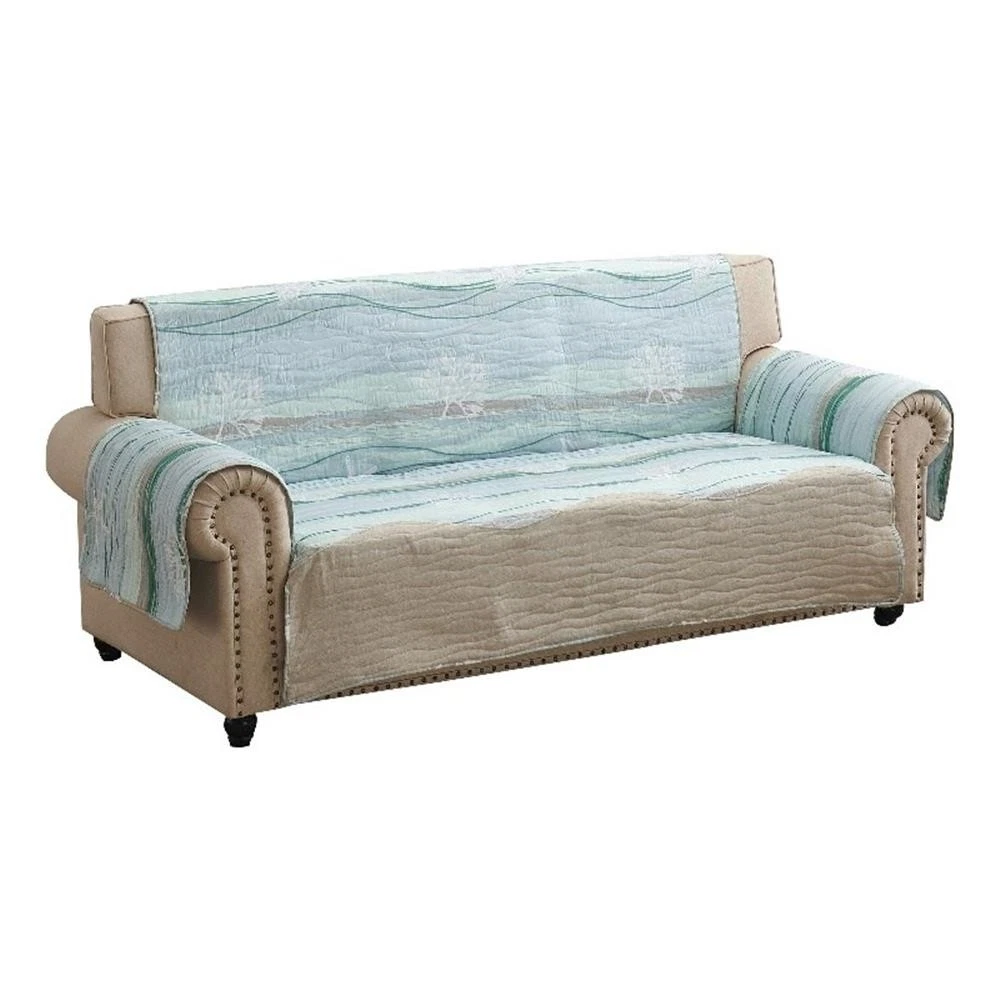 Benjara Niha 127" Sofa Cover- Ocean Wave Print & Quilting- Border-Multicolor