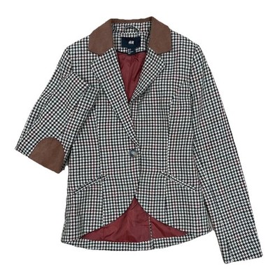 H&M Houndstooth Plaid Tweed Suit Jacket Blazer Womens Small Size 4 Silk Lined