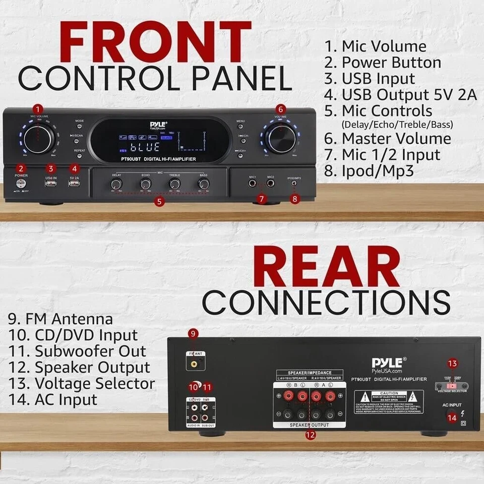 Pyle Home Theater Wireless BT Streaming Receiver Amplifier 2x90Watts Home Audio - Image 2 of 4