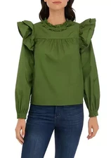 Crown & Ivy Green Ruffle Top Sz L Cottagecore Prairie Victorian 100% Cotton
