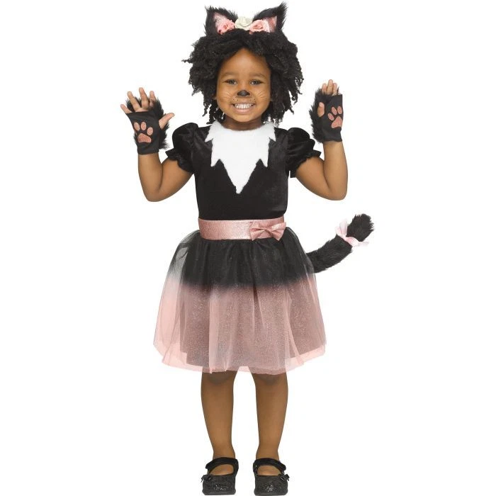 Girls Pretty Pink Black Kitty Cat Dress Ears Tail Halloween