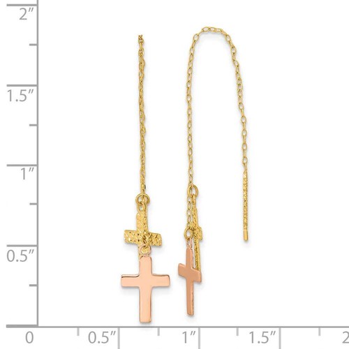 14k Gold Yellow & Rose D/C Polished Crosses Threader Earrings 2.49" - Picture 3 of 3