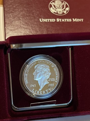 1993 S Thomas Jefferson 250th PROOF Silver Dollar Commemorative Coin w/Box COA - Picture 3 of 5