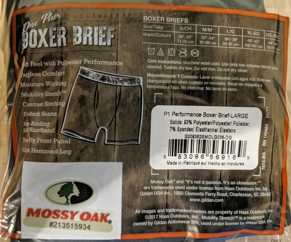 2 NUEVO Calzoncillos Boxer de Rendimiento para Hombre Mossy Oak Negros con Banda Camuflada Talla L/G 36-38 Foto 3 de 4