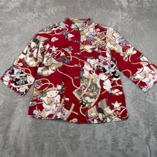 Citron Blouse Women's XS Red Silk Linen Blend Asian Floral Casual Spring