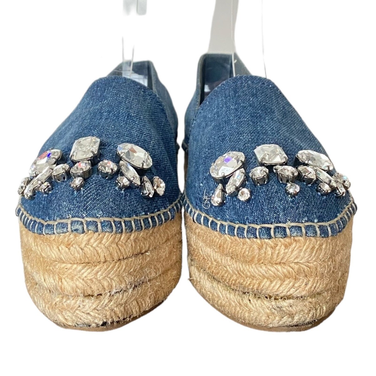 MIU MIU Blue Denim Fabric Crystal Embellished Platform
