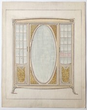 Aquarelle Ancienne Étude Mobilier Meuble Armoire Bibliothèque Vitrine