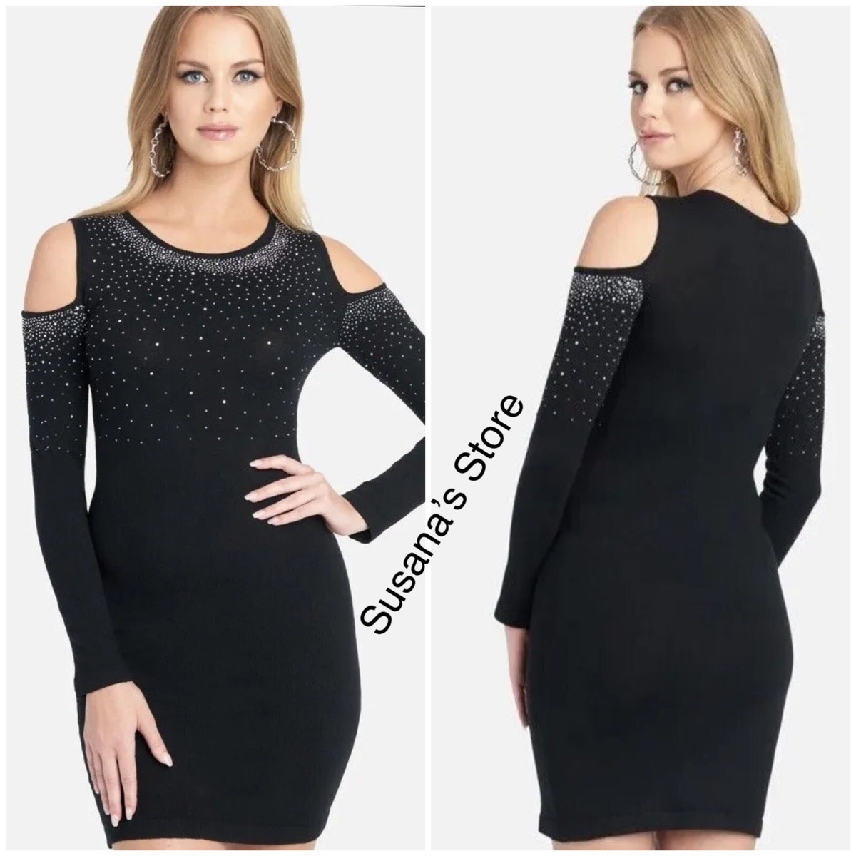 bebe black sweater dress Crystal Neck Midi Sweater Dress – bebe main image 1