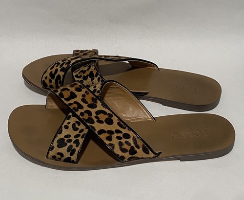 J. Crew Calf Hair Leopard Slides Flats Sandals Size 7M Criss Cross Womens Brown - Picture 2 of 7
