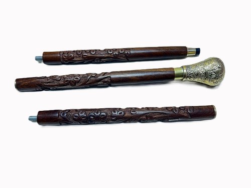 Handmade Designer Antique engraved Brass Head Handle Walking Stick Wooden Cane - Picture 6 of 6