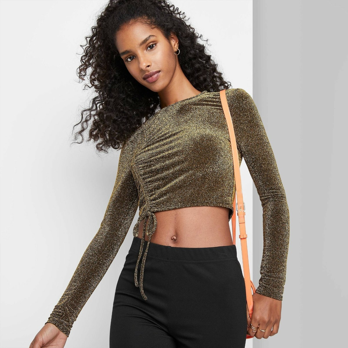Women's Long Sleeve Slim Fit Ruched Cropped T Shirt Gold - Wild