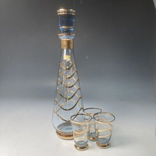 1950’s Art Deco Style Bohemian Czech blue  & gold glass decanter set 3 glasses