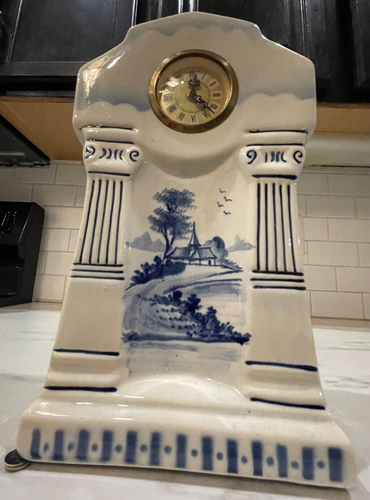 West Germany Porcelain Wind Up Clock M.W Mercedes Delft Motif Belgian Blue 417 - Picture 2 of 24