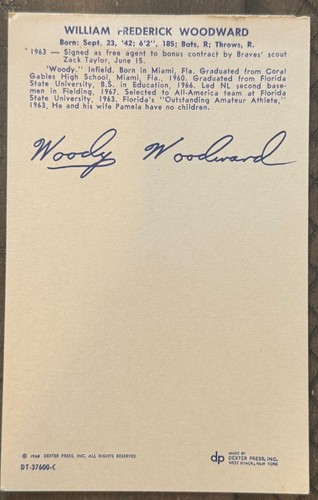 WOODY WOODWARD SIGNED 3.5"X5.5" POST CARD ATLANTA BRAVES - Picture 2 of 2