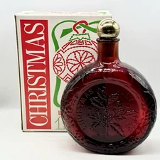 1973 Wheaton Christmas Holly Glass Decanter Bottle Ruby Red 8”H Original Box