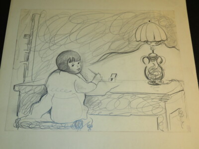 FRENCH SCHOOL XX DRAWING PENCIL SCENE INTERIOR CHILD GIRL OFFICE 1930